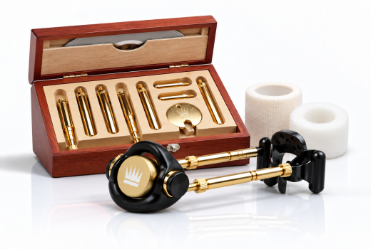 Jes Extender penile traction device with wooden presentation case and accessories on a white background.