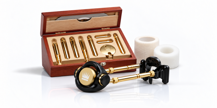 Jes Extender penile traction device with wooden presentation case and accessories on a white background.