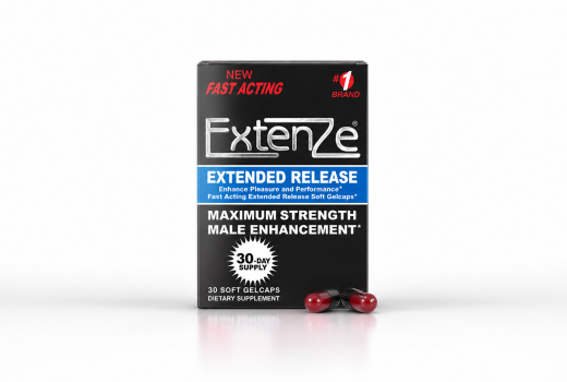 ExtenZe Extended Release male enhancement supplement box with soft gels on a white background.
