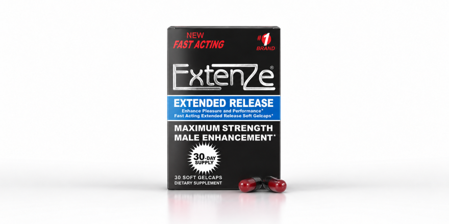 ExtenZe Extended Release male enhancement supplement box with soft gels on a white background.