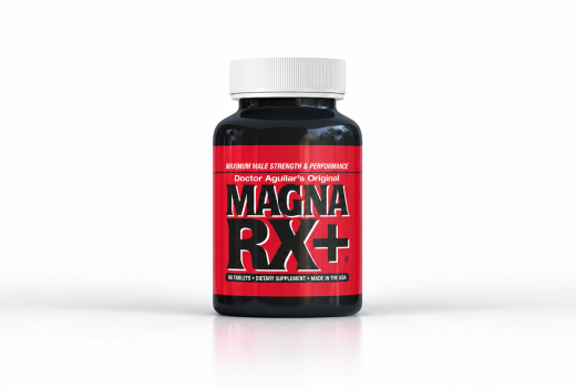 MagnaRX+ dietary supplement bottle with red-and-black label on a white studio background.