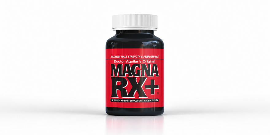 MagnaRX+ dietary supplement bottle with red-and-black label on a white studio background.