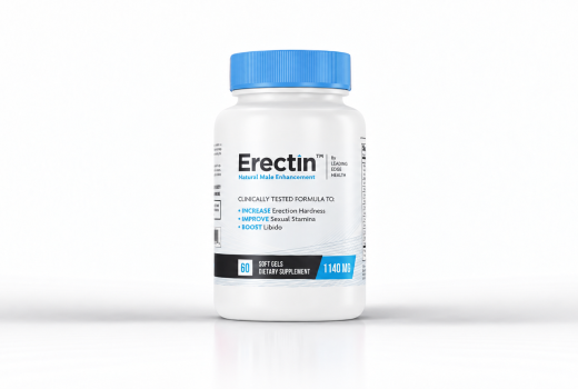 Erectin white softgel supplement bottle with blue cap on a white studio background.