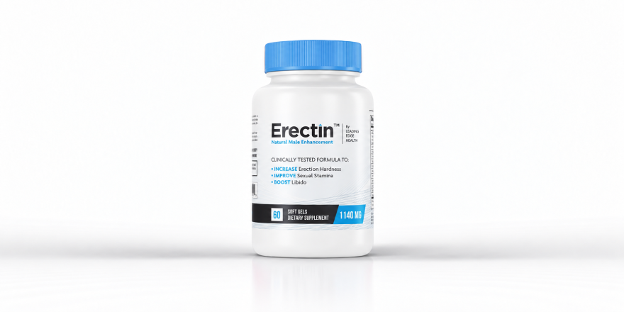 Erectin white softgel supplement bottle with blue cap on a white studio background.