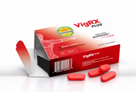 VigRX Plus red and white supplement box with tablets on a white studio background.
