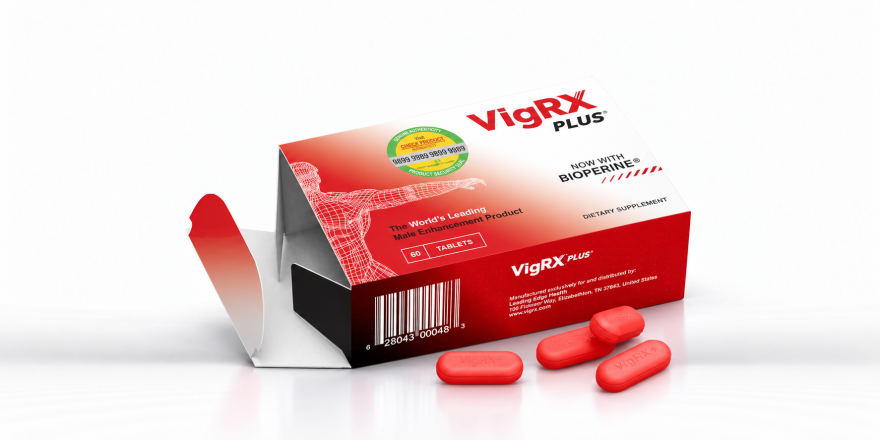 VigRX Plus red and white supplement box with tablets on a white studio background.