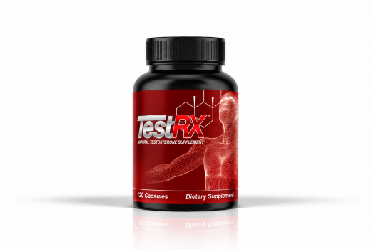 Front-facing TestRX natural testosterone supplement bottle on a white background.