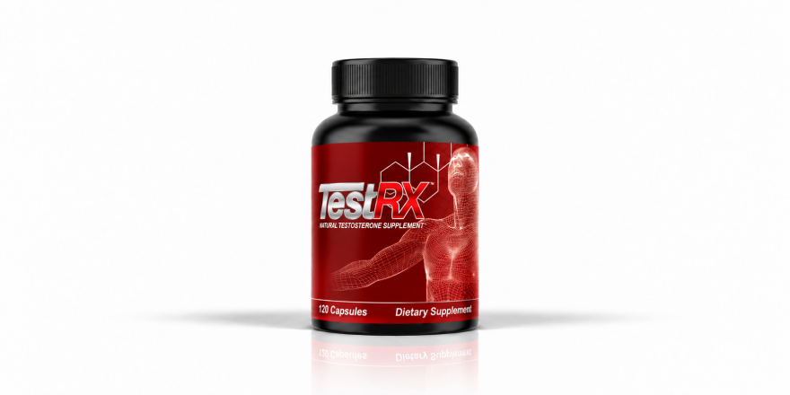 Front-facing TestRX natural testosterone supplement bottle on a white background.