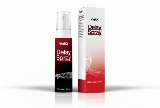 VigRX Delay Spray bottle and product box centered on a white background.