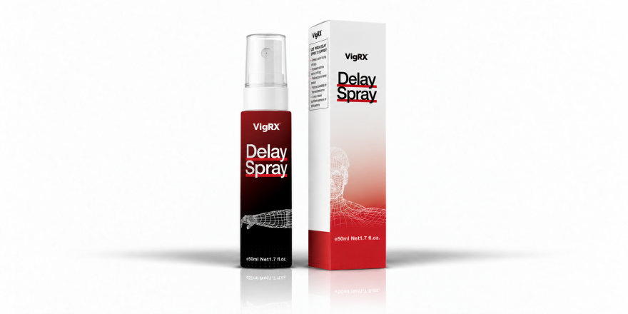 VigRX Delay Spray bottle and product box centered on a white background.