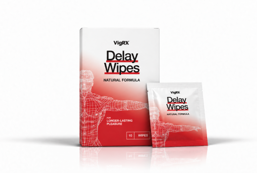 VigRX Delay Wipes box and single wipe packet centered on a white background.