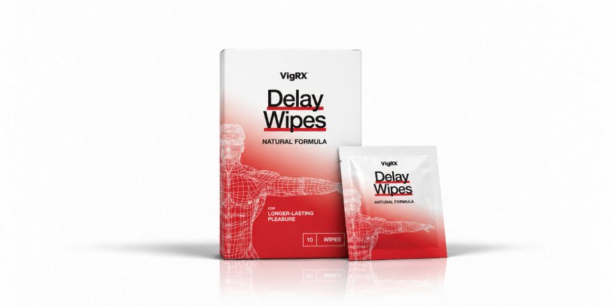 VigRX Delay Wipes box and single wipe packet centered on a white background.