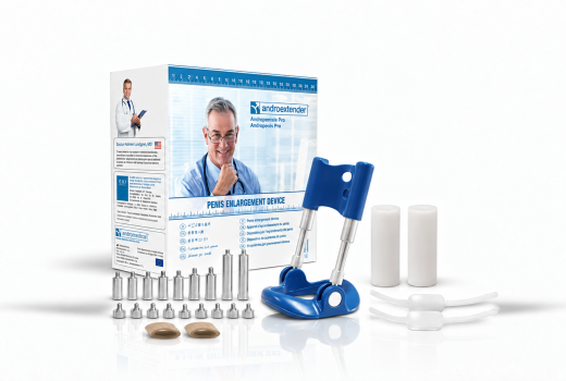 Andro Medical Androextender penile traction device with box and accessories on a white background.