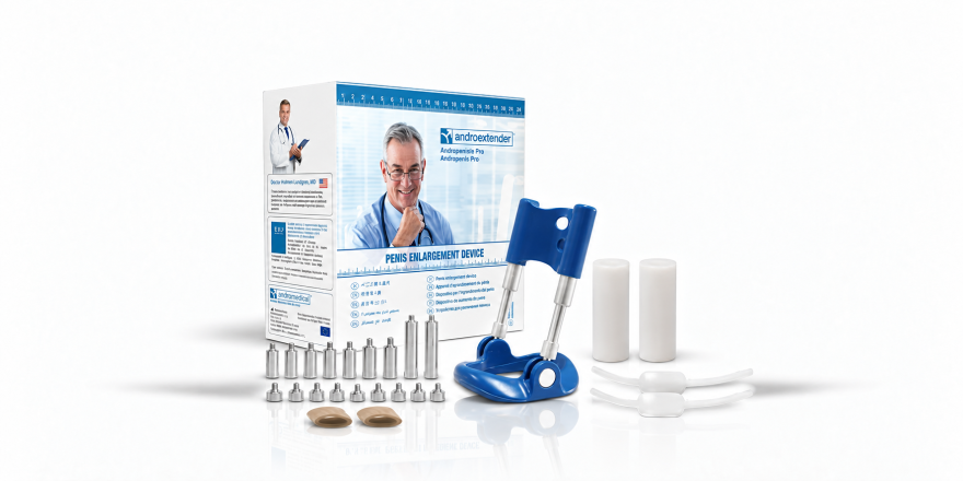 Andro Medical Androextender penile traction device with box and accessories on a white background.