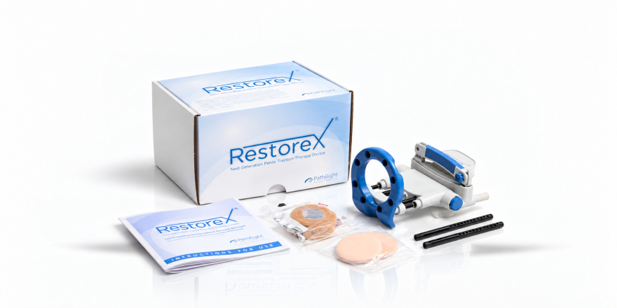RestoreX penile traction device with branded box, instruction booklet, and accessories on a white background.