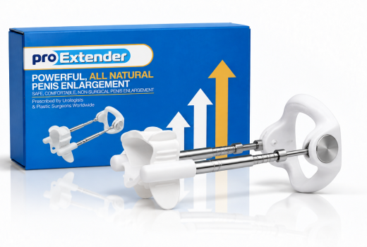 Pro Extender penile traction device with blue branded product box centered on a white background.