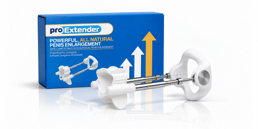 Pro Extender penile traction device with blue branded product box centered on a white background.