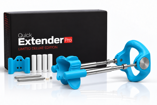 Quick Extender Pro penile traction device with branded box and kit components on a white background.