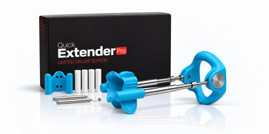 Quick Extender Pro penile traction device with branded box and kit components on a white background.