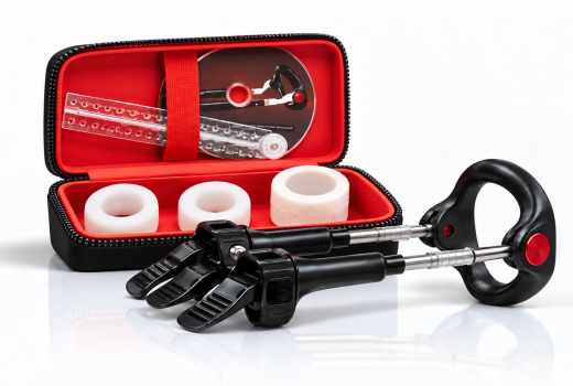 Male Edge Pro penile traction device with red carrying case and accessories on a white background.
