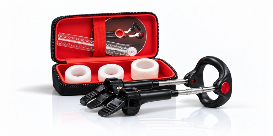 Male Edge Pro penile traction device with red carrying case and accessories on a white background.