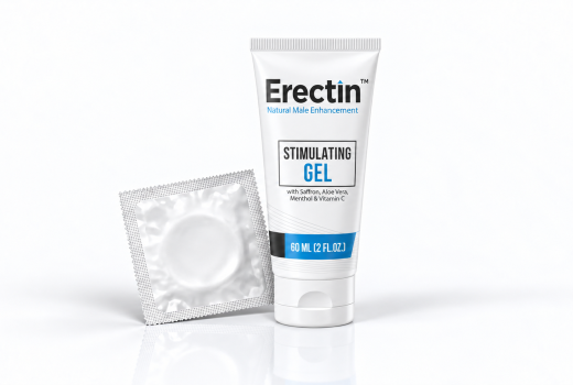 Erectin Stimulating Gel tube with condom packet on a white background.