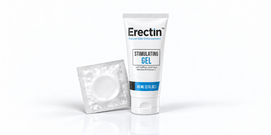 Erectin Stimulating Gel tube with condom packet on a white background.