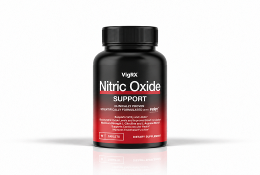 Front-facing VigRX Nitric Oxide supplement bottle on a white background.