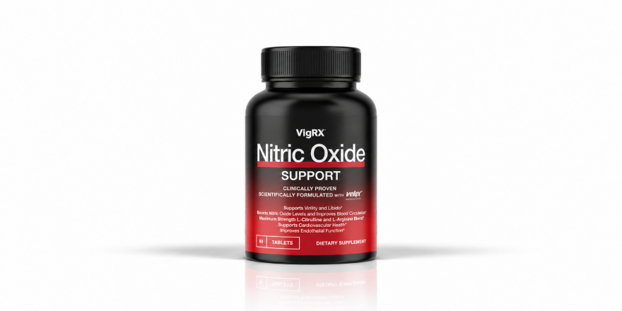 Front-facing VigRX Nitric Oxide supplement bottle on a white background.
