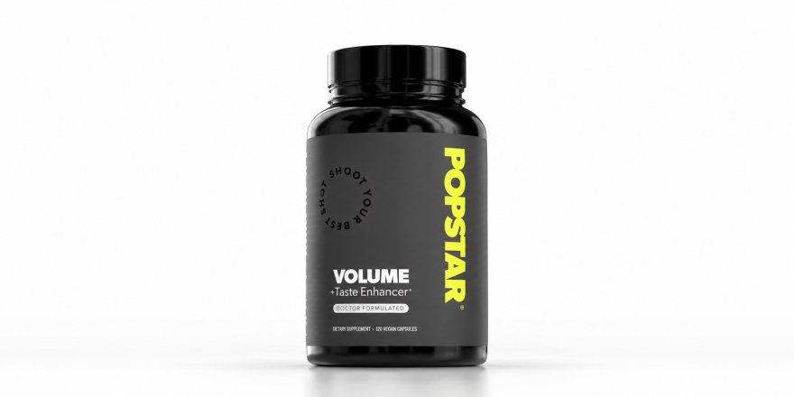 Popstar Volume + Taste supplement bottle on a clean white background