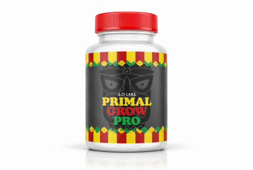 Primal Grow Pro supplement bottle with a red cap and multicolored label on a white studio background.