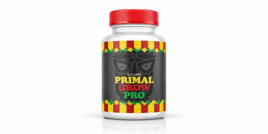 Primal Grow Pro supplement bottle with a red cap and multicolored label on a white studio background.