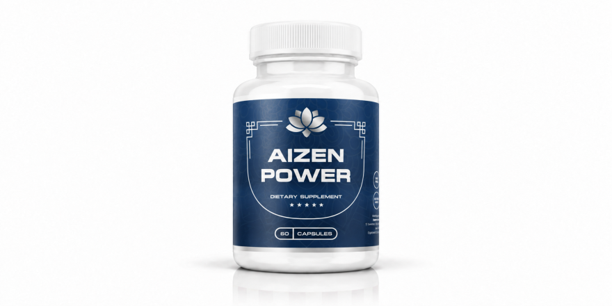 Aizen Power dietary supplement bottle with a dark blue label on a white studio background.