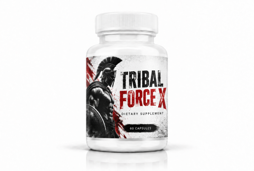 Tribal Force X dietary supplement bottle with a black, white, and red warrior-themed label on a white studio background.