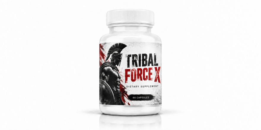 Tribal Force X dietary supplement bottle with a black, white, and red warrior-themed label on a white studio background.