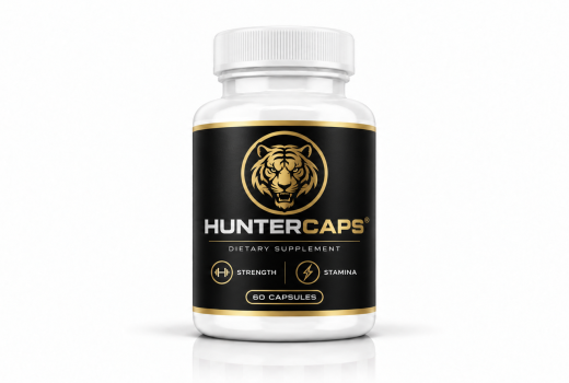 HunterCaps dietary supplement bottle with a black-and-gold label and tiger logo on a white studio background.