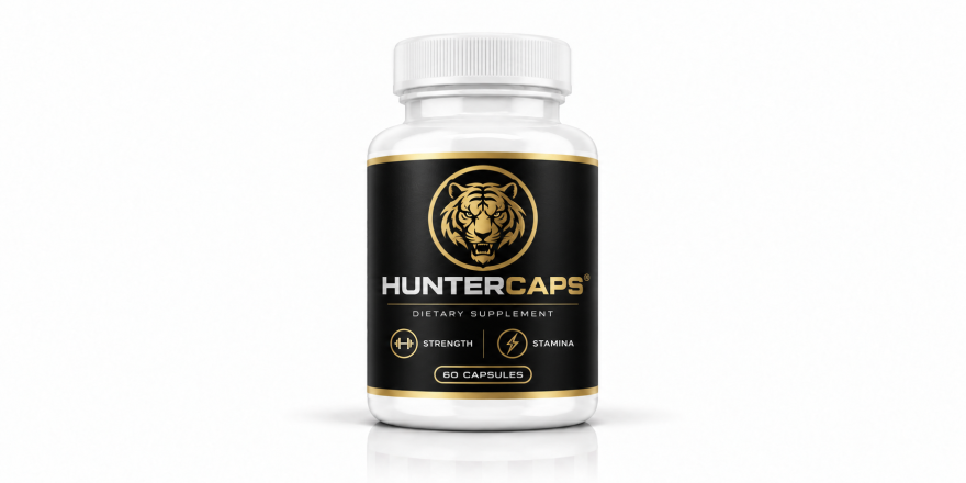 HunterCaps dietary supplement bottle with a black-and-gold label and tiger logo on a white studio background.