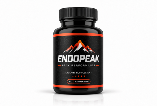 EndoPeak Peak Performance dietary supplement bottle with a black label, mountain logo, and orange accents on a white studio background.