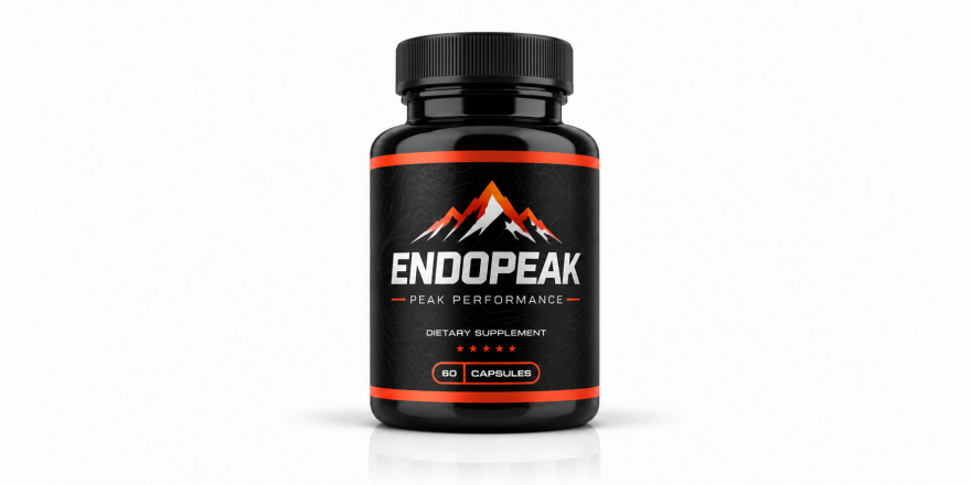 EndoPeak Peak Performance dietary supplement bottle with a black label, mountain logo, and orange accents on a white studio background.