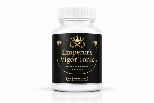 Emperor’s Vigor Tonic dietary supplement bottle with a black-and-gold label on a white studio background.