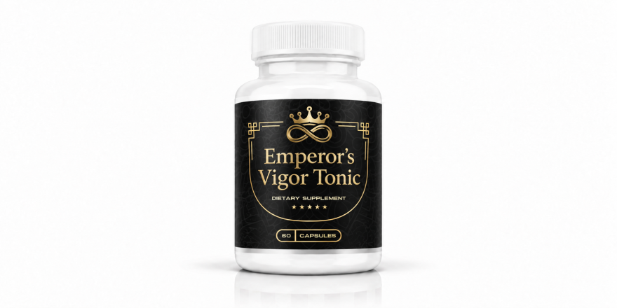 Emperor’s Vigor Tonic dietary supplement bottle with a black-and-gold label on a white studio background.