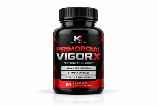 Primordial Vigor X dietary supplement bottle with a black, red, and silver performance-boost label on a white studio background.