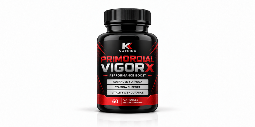 Primordial Vigor X dietary supplement bottle with a black, red, and silver performance-boost label on a white studio background.