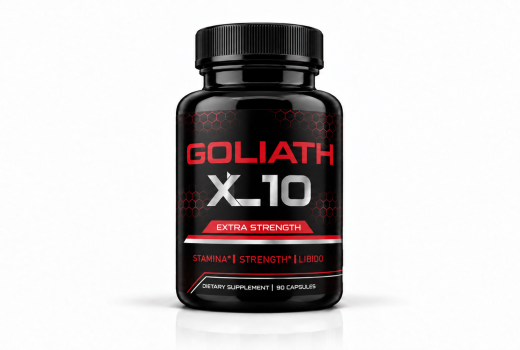 Front-facing Goliath XL10 dietary supplement bottle on a white background.