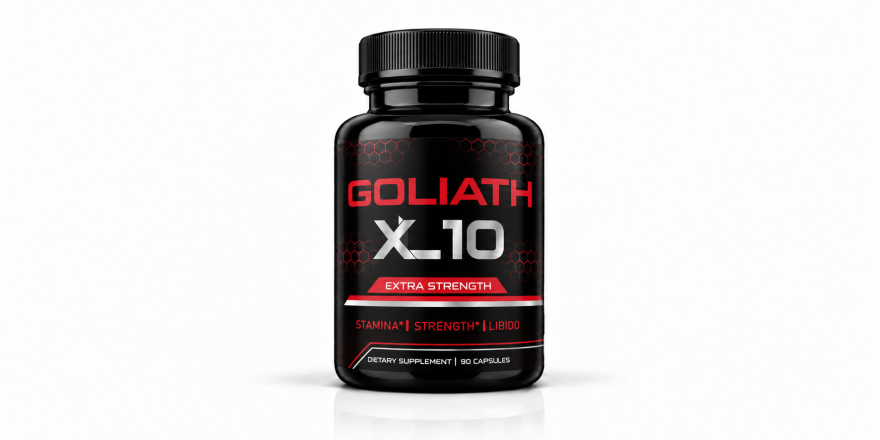 Front-facing Goliath XL10 dietary supplement bottle on a white background.