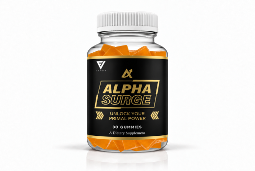 Front-facing Alpha Surge gummies bottle with orange gummies on a white background.