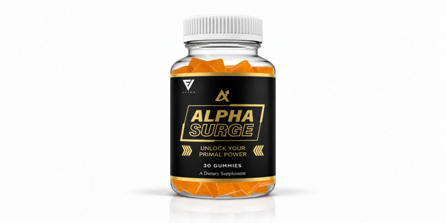 Front-facing Alpha Surge gummies bottle with orange gummies on a white background.