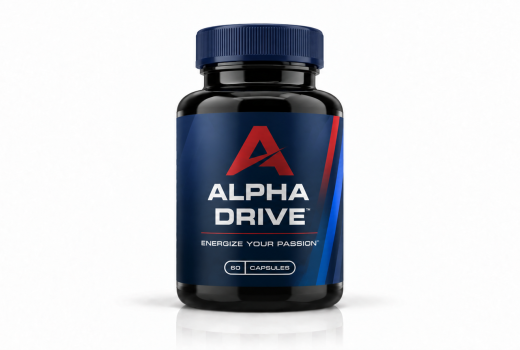 Alpha Drive 24 dietary supplement bottle with a dark blue label and red accent on a white studio background.