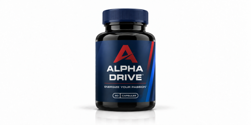 Alpha Drive 24 dietary supplement bottle with a dark blue label and red accent on a white studio background.