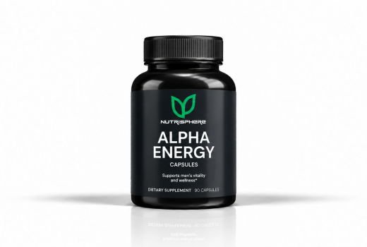 Front-facing Alpha Energy dietary supplement bottle on a white background.
